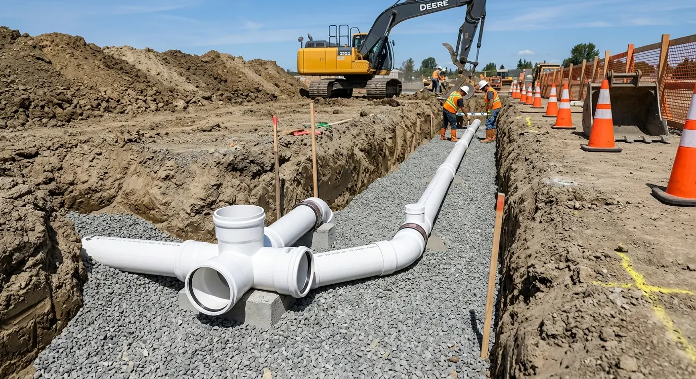 New PVC sewer pipe installation in open trench for Commercial Drain Cleaning in Dade City