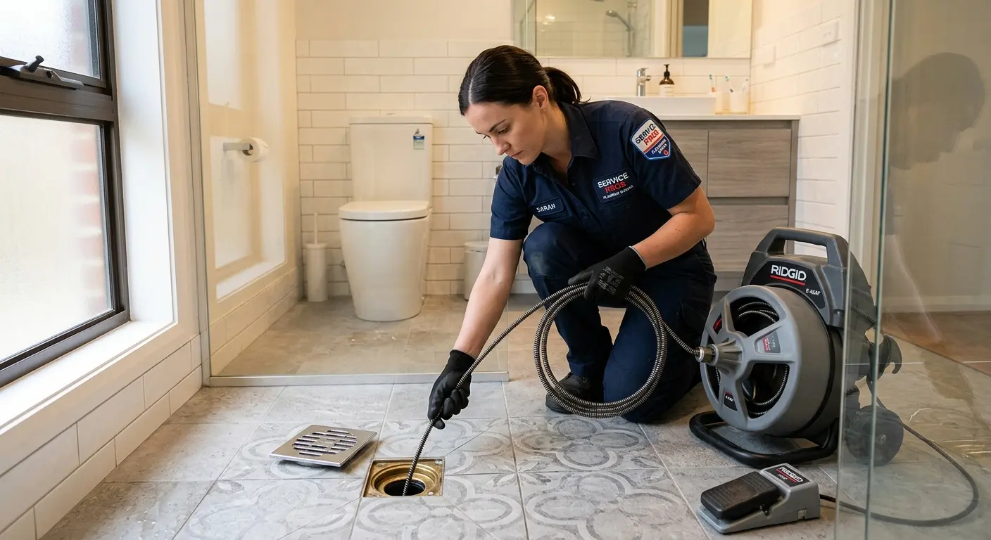 Technician clearing a bathroom floor drain for Drain Repair in Dade City